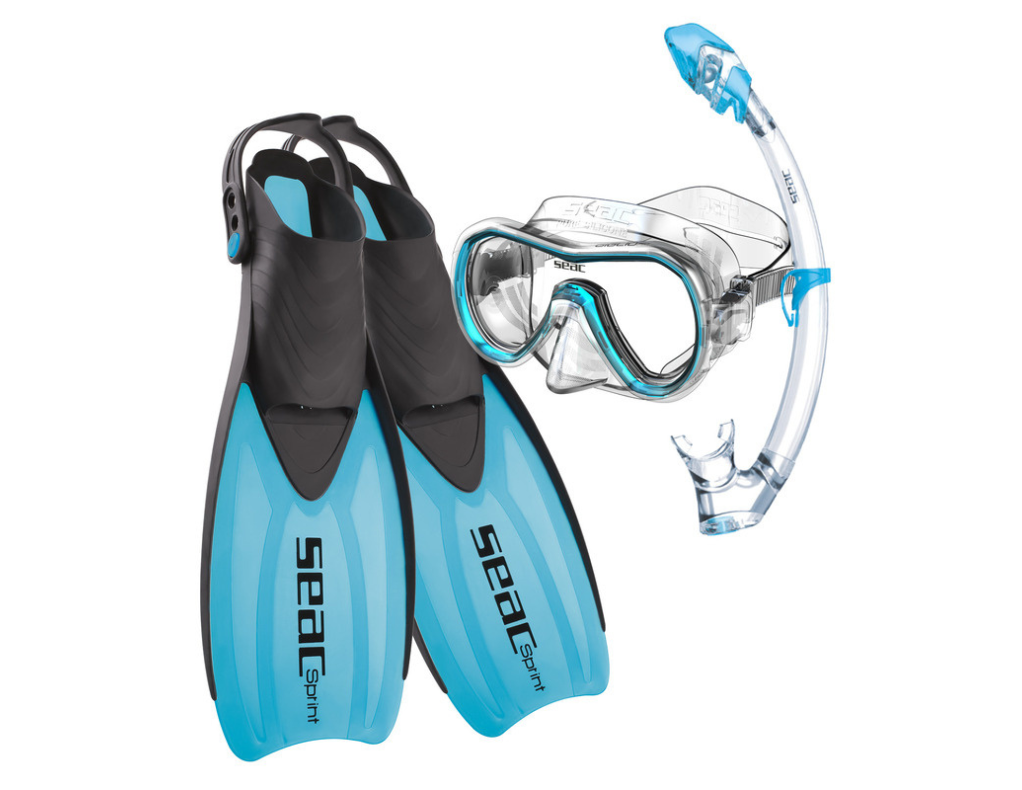 SEAC Tris Sprint Dry Snorkeling Set - Mask, Snorkel, Open-Heel Fins & Bag EAC Tris Sprint ชุดเซ็ตดำน้ำตื้นสุดคุ้ม - หน้ากาก ท่อหายใจ ตีนกบแบบปรับสาย และกระเป๋าพกพา