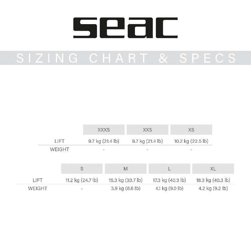 SEAC Club BCD size chart - oceanstorethailand