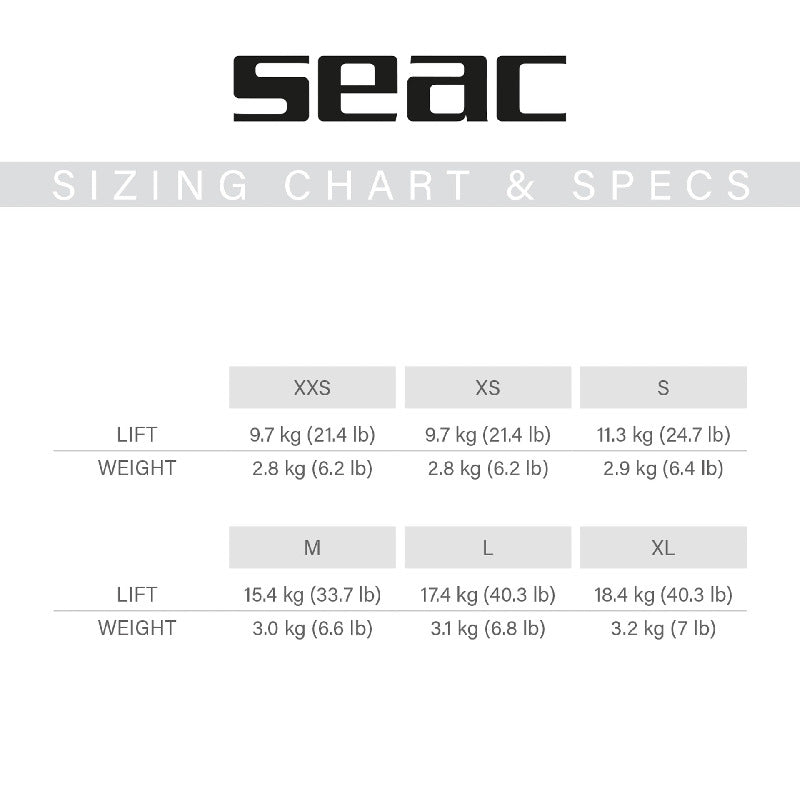 SEAC Smart BCD size chart - oceanstorethailand
